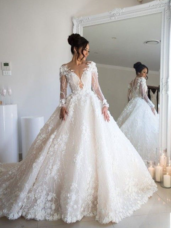 Elegant Lace Long Sleeves Wedding Dresses Plus Size Appliuqes Ball Gow –  MyChicDress